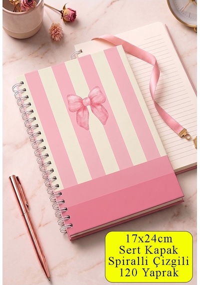 Pembe Sert Kapak Spiralli Çizgili Defter 17x24cm 120 Yaprak 1 Adet Not Defteri Okul Büro Ofis Defteri Sarı