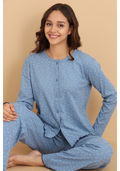 Wordex Mirano 8454 Pointel Kumaş Boydan Düğmeli Günlük Çiçekli Kadın Pijama Takımı Mavi