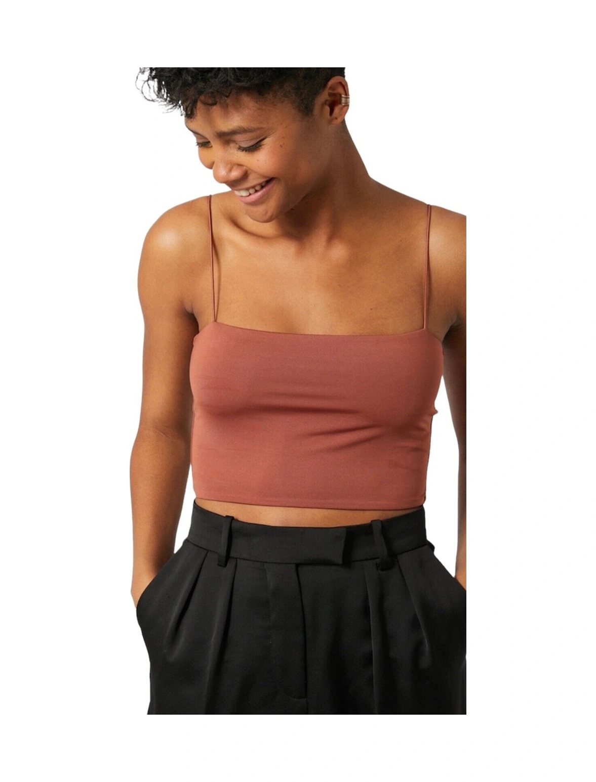 Mamayaga Kadın Askılı Şık Croptop Bluz Taba