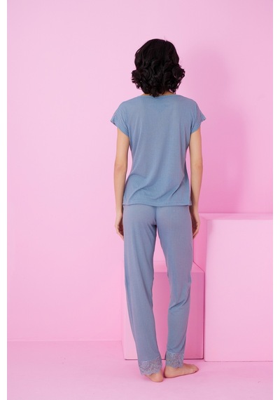 Siyah İnci Soft Touch İnce Mevsimlik Dantel Detaylı Örme Pijama Takım7864 İndigo