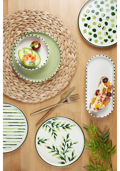 22 Parça 12 Kişilik Greentree Stackable Kahvaltı Takımı Lüx Kahvaltılık Sunum Seti Tabağı Yeşil