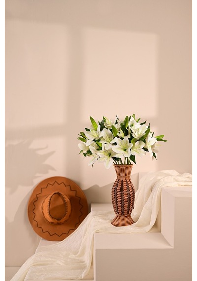 Beyaz Yapay Zambak Çiçeği 2 Dallı Premium Canlı Islak Dokulu 45 Cm