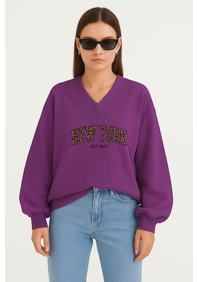 Benroma New York Baskılı Ünisex V Yaka Sweatshirt Mor