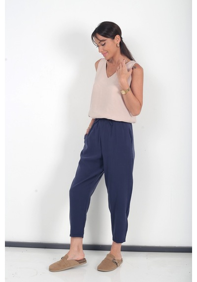 By Saygı Kadın Beli Lastikli Cepli İtalyan Cotton Lyocell Şalvar Pantolon Lacivert