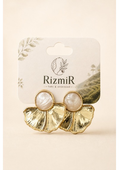 Kadın Detaylı Gold Yelpaze Form Küpe Krem