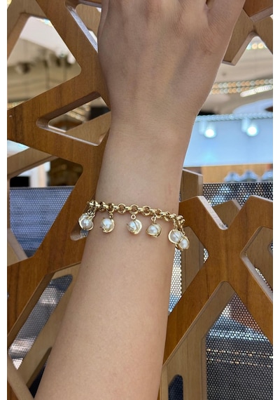 7,5 Mm İnci Detaylı Doc Zincir Bileklik Gold Sarı Altın