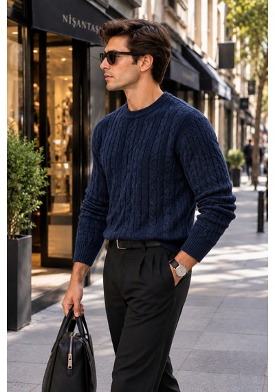 Cool Tarz Erkek Saç Örgü Desenli Bisiklet Yaka Triko Kazak Regular Fit Akrilik Pamuk Karışımlı Lacivert Lacivert Cool Tarz Erkek Saç Örgü Desenli Bisiklet Yaka Triko Kazak Regular Fit Akrilik Pamuk Karışımlı Lacivert Lacivert