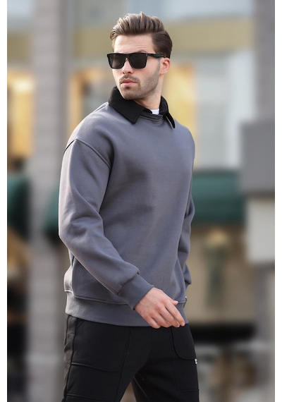 Madmext Füme Polo Yaka Erkek Sweatshirt 7086 Füme