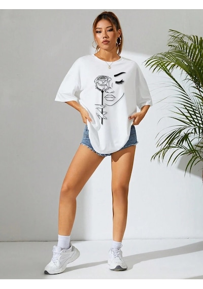 Uyguntarz Unisex Gül & Siluet Baskılı Tasarım Tshirt Beyaz