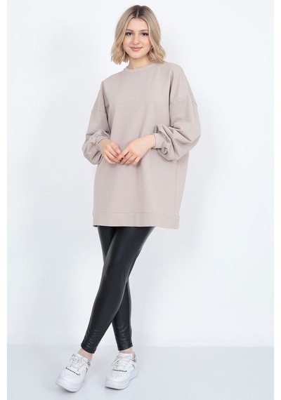 Kadın Uzun Kollu Oversize Sweatshirt Nakişli Bej