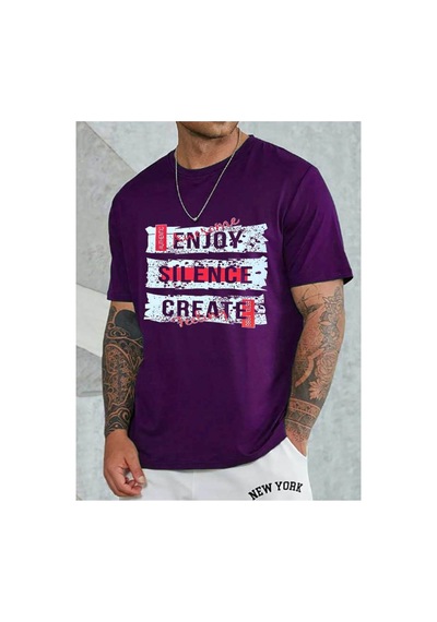 Medinenur Enjoy Baskılı Unisex Bisiklet Yaka Tshirt Mor