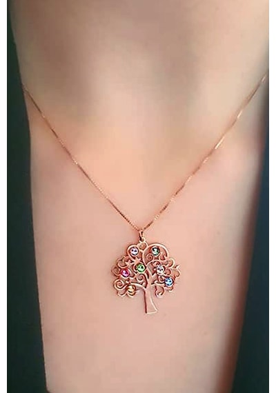 Swarovski Taşlı Hayat Ağacı Gümüş Kolye Rose