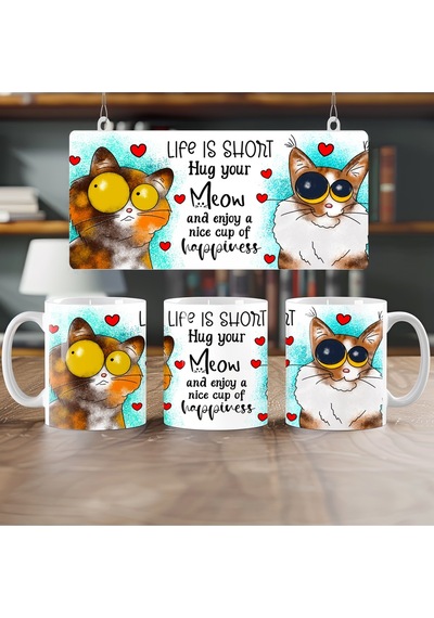 Komik Kedi Figürlü Kupa Bardak Eğlenceli Ve Sevimli Kedi Tasarım - Life Is Short Hug Your Meow Y Beyaz