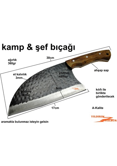 Kamp Bıçağı Şef Bıçağı Salata Bıçak Çelik Büyük Boy 30cm Keskin Kılıflı Siyah