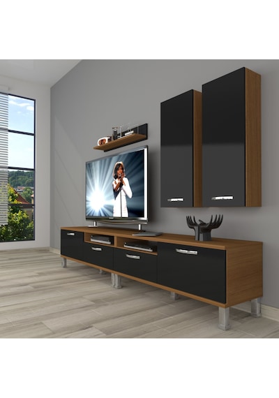 Decoraktiv Eko 5200d Mdf Krom Ayaklı Tv Ünitesi Tv Sehpası Ceviz - Siyah