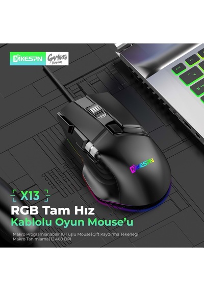 Mkespn X13 Gaming Mouse Kablolu 12400 Dpi 10 Tuş Makro Rgb Oyuncu Mouse Siyah