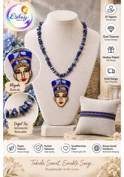 El Yapımı Miyuki Boncuk Nefertiti Figürlü Kolye Ve Bileklik Seti Mavi Özgün Tasarım