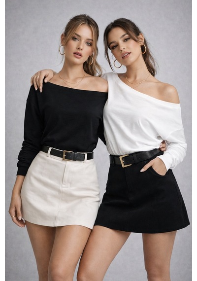 Rich Kadın 2'li Paket Siyah - Beyaz Düşük Omuz Modal Bluz Beyaz - Siyah