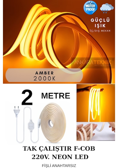 Ankara Teknik 220 Volt Cob Neon Led F-cob Led Yüksek Lümen Dış-ıç Mekan Amber 2 Metre
