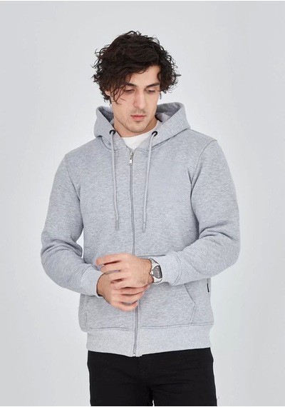 Unisex Tam Fermuarlı Kapşonlu Sweatshirt - Gri Gri