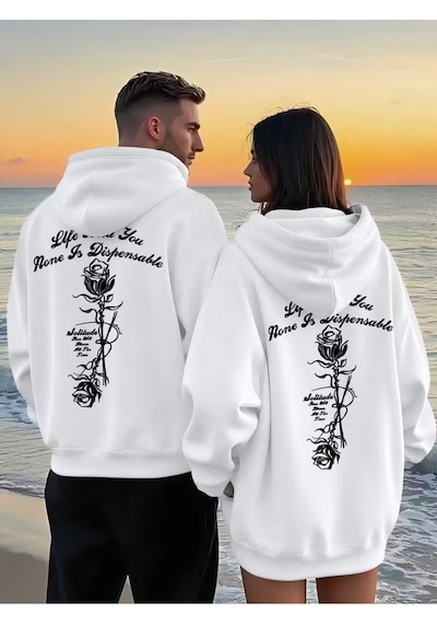 Nevermind Sevgili Çift Kombini 2 Li Gül Ve Yazı Baskılı Unisex Sweatshirt Beyaz