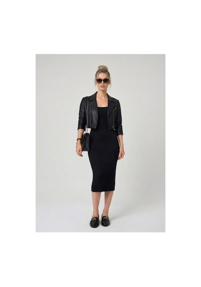 Neden Tekstil Premium Fit Kare Yaka Fitilli Triko Midi Elbise - Siyah