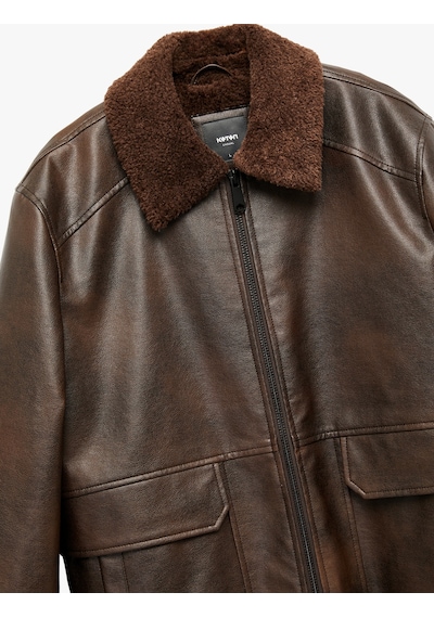 Koton Uzun Kollu Cep Detaylı Slim Fit Fermuarlı Peluş Yaka Kışlık Suni Deri Ceket Kahverengi 6wam20127hw Kahverengi
