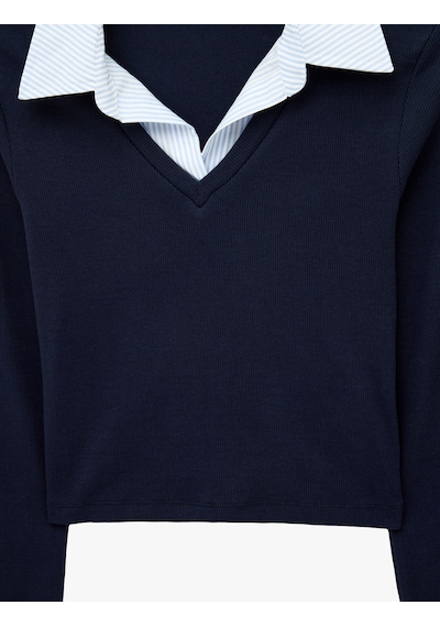 Koton Pamuklu Gömlek Yaka Katlı Slim Fit Uzun Kollu Tişört Lacivert 7wal10124ık