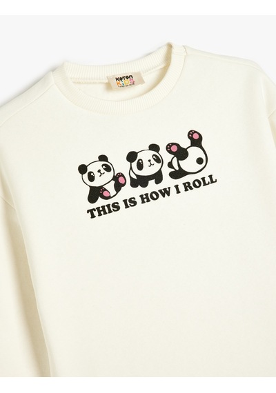 Koton Panda Baskılı Uzun Kollu Bisiklet Yaka Şardonlu Sweatshirt Ekru 5wkg10612ak Ekru