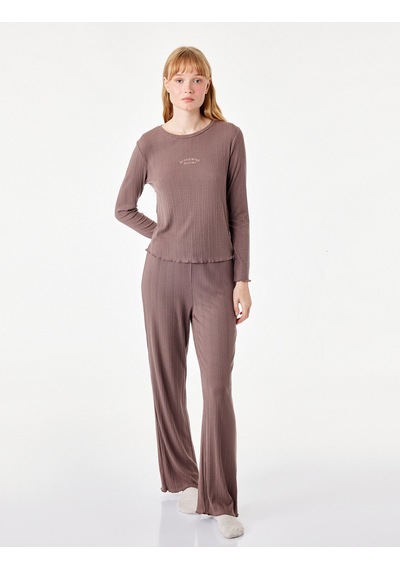Koton Modal Kumaş Uzun Kollu Bisiklet Yaka Pijama Üstü Kahverengi 7wlk40068mk Kahve