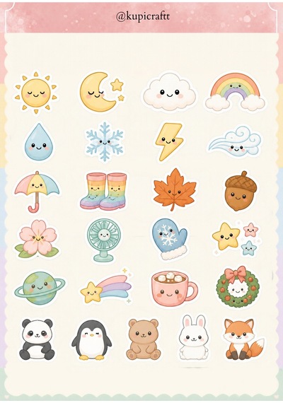 Kawai Temalı 7 Sayfa Sticker Seti Sevimli Hayvanlar Sticker 0