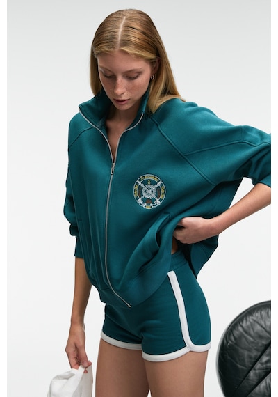Grimelange Tormenta Kadın Nakışlı Fermuarlı Dik Yaka Çift Cepli Reglan Kol Koyu Turkuaz Sweatshirt Koyu Turkuaz
