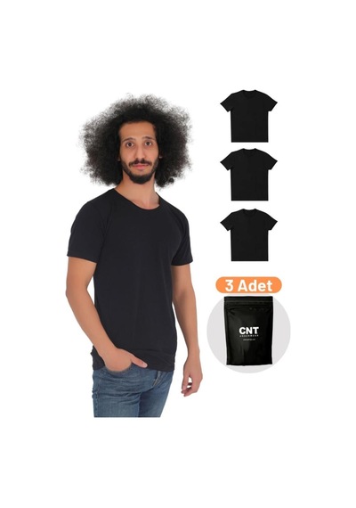 Cnt Erkek 3'lü Slim Fit Bisiklet Yaka Kısa Kollu Tişört Siyah Siyah
