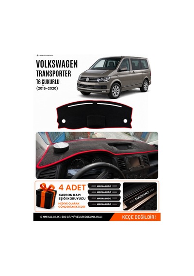 Volkswagen Transporter T6 Çukurlu 2015-2020 Uyumlu Torpido Örtüsü - Siyah Kırmızı