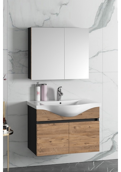 Yıldız 80 Cm Antrasit Gri Mat-Atlantik Çam Mdf Seramik Lavabolu A Antrasit - Atlantik Çam