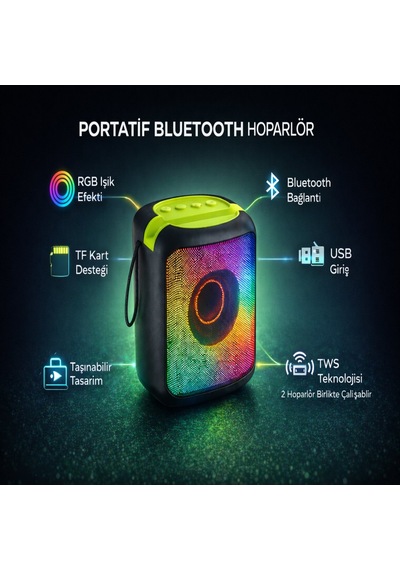 Mini Taşınabilir Bluetooth Hoparlör Rgb Işıklı Kablosuz Speaker Usb Tf Kart Tws Destekli Güçlü Ses