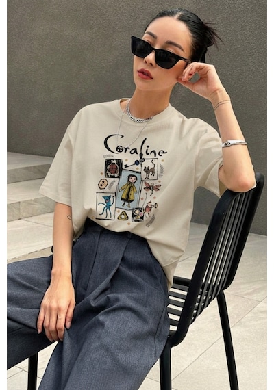 Uyguntarz Unisex Carolıne Baskılı Tasarım Tshirt Bej