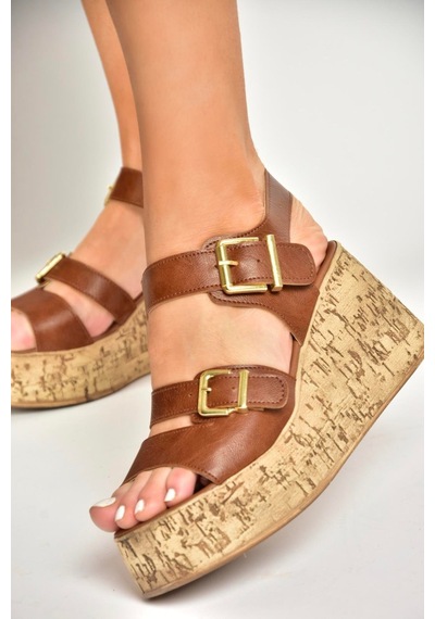 Fox Shoes U996752009 Taba Dolgu Topuklu Kadın Ayakkabı Taba-suni Deri
