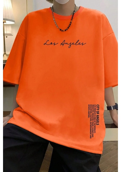 Uyguntarz Erkek Los Angles Baskılı Oversize Tshirt Turuncu