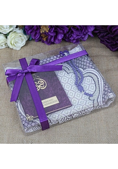 Hediyelik Kadife Kaplı Yasin Kitabı, Seccade, Kokulu Tesbih, Asetat Kutulu 26 23 Paket Mor