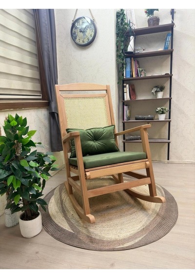 Asedia Veranda Naturel Yeşil Minderli Hasırlı Sallanan Sandalye Dinlenme Koltuğu