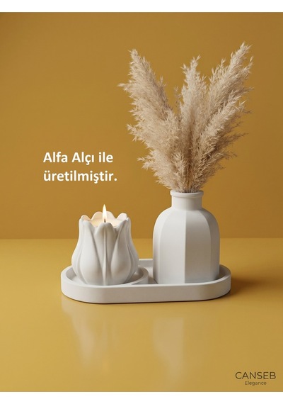 Üçlü Mumluk & Pampas Vazosu Dekoratif Obje Seti Tealight Mum Hediye 85041504
