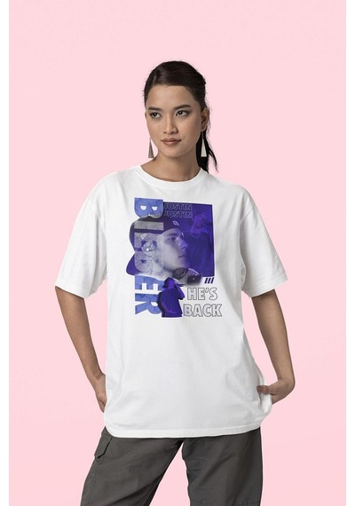 He Is Back Justin Bieber Baskılı Unisex Tişört, Oversize Şarkıcı Beyaz