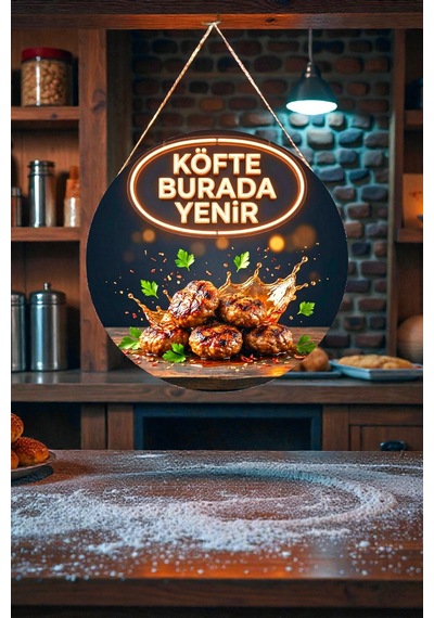 Köfte Burada Yenir Görselli İpli Ahşap Duvar Kapı Tablosu, Köfteci, Restoran, Cafe Süs Dekoru