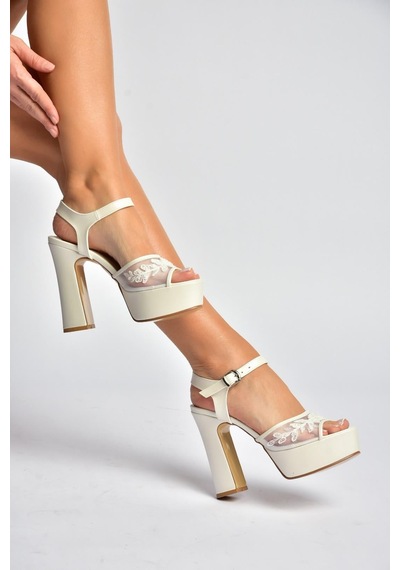 Fox Shoes Y246058709 Sedef Platform Kalın Topuklu Dantel Detaylı Gelinlik Ayakkabısı
