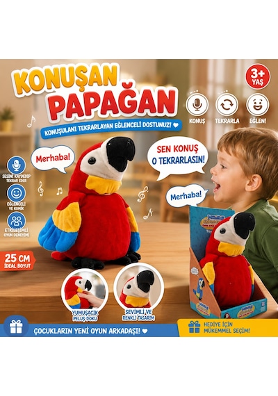 Konuşulanı Tekrarlayan Eğlenceli İnteraktif Oyuncak Papağan Peluş 25 Cm Kırmızı