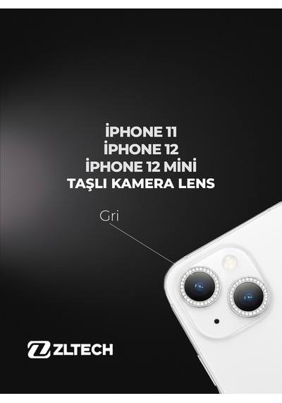 İphone 11/12/12mini Uyumlu Taşlı Kamera Lens Koruyucu Gri