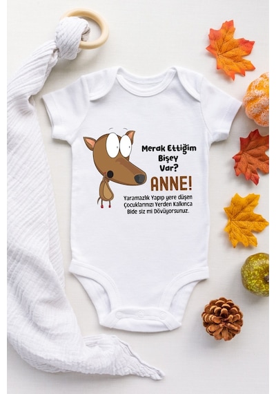 Tuğbababy Baby Merak Ettiğim Bir Şey Var Desenli Body Kız Erkek Beyaz