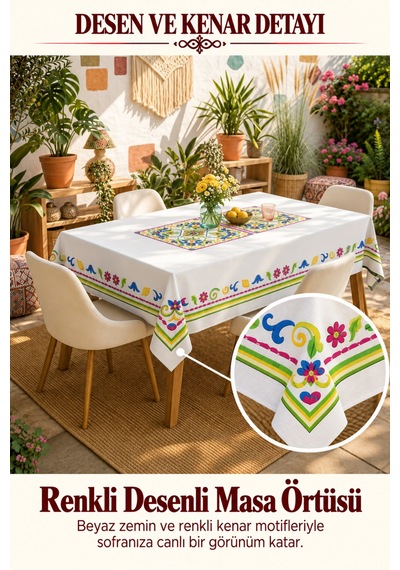 Vivanni Home Yıkanabilir Dikdörtgen Masa Örtüsü Günlük Kullanıma Uygun Pratik Ve Uzun Ömürlü Renkli Beyaz