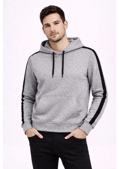 Mbb E-ticaret Erkek Şeritli Kapüşonlu Sweatshirt Oversize 3 İplik Pamuklu Hoodie - Gri
